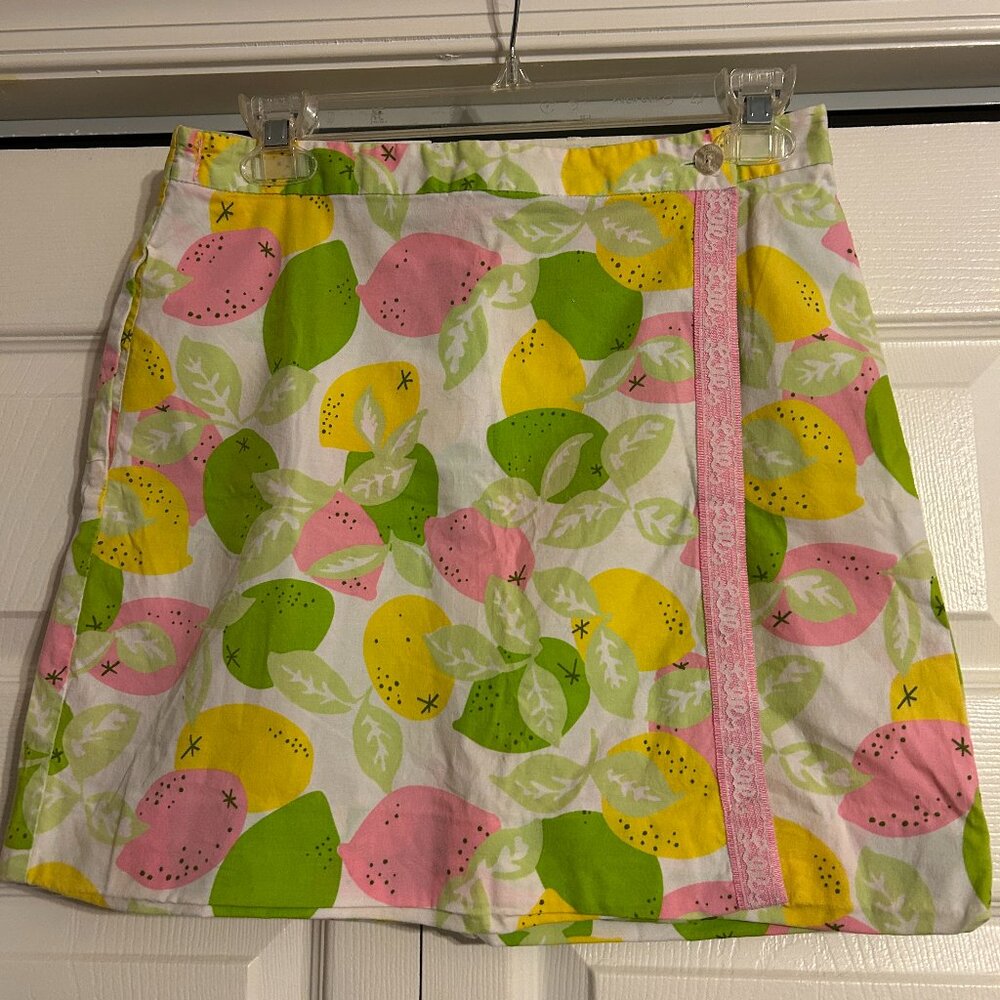 LILLY PULITZER VINTAGE Sz 4 Multi Color Lemon/Lime White Wrap Skirt White Label
